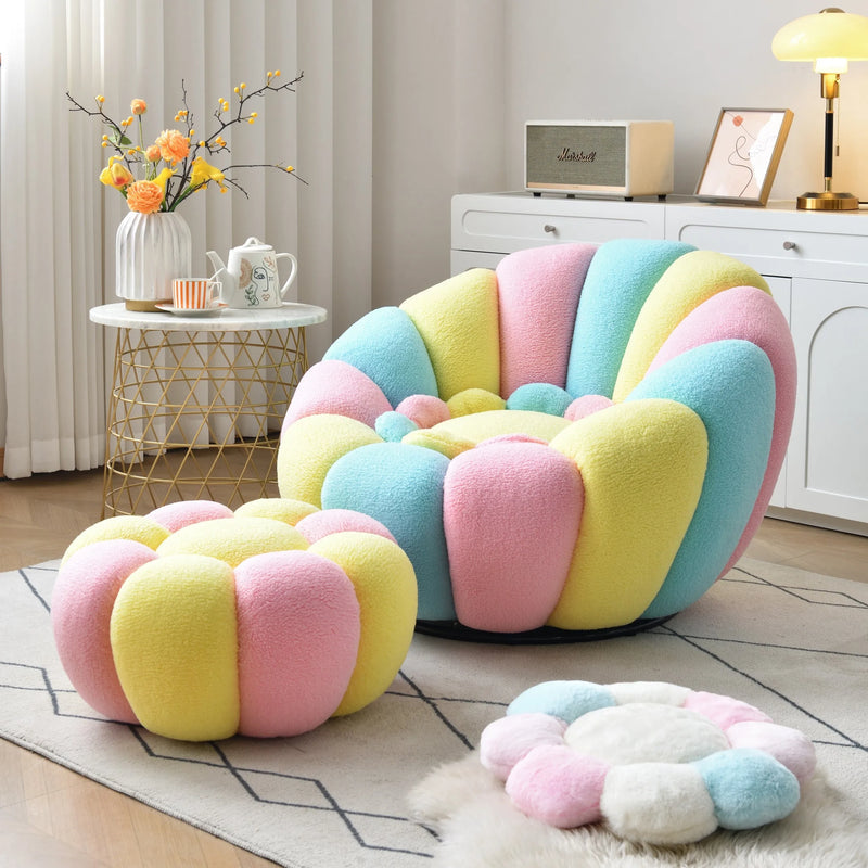 Riesiges Puff-Sofa - Blau gelb rosa mit Hocker